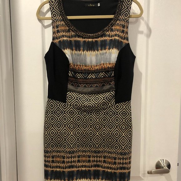 Evening knee length dress. Brazilian brand CLEO. Mixed print colors. Size L - Picture 1 of 12